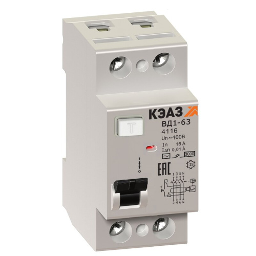 АВДТ без защиты от сверхтоков ВД1-63-2263-АС-УХЛ4-КЭАЗ (2P, 63, 30mA)