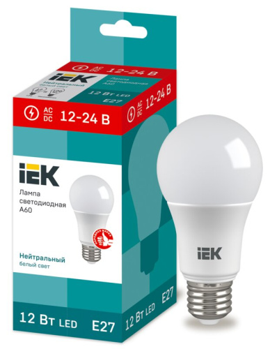 Лампа светодиодная A60 шар 12Вт 12-24В 4000К E27 IEK