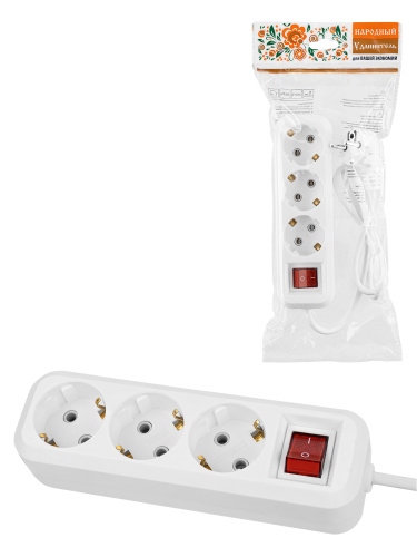 Удлинитель 3 гнезда, 3 метра, с/з, выкл., 16 А, 3680 Вт, белый, НАРОДНЫЙ У1-33058 (Ун1 331-0001)