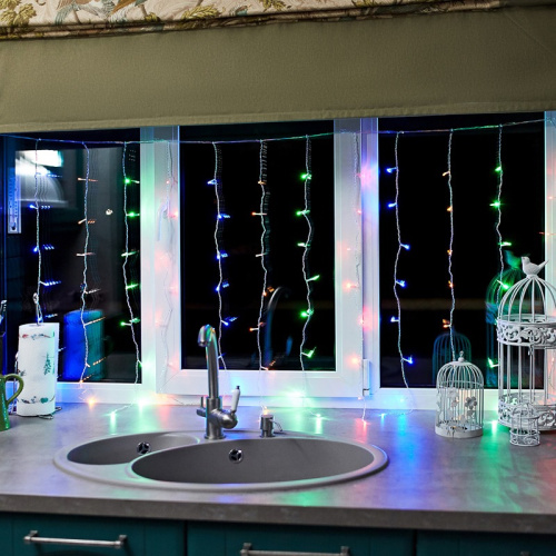 Гирлянда Светодиодный Дождь 1,5х1м, свечение с динамикой, прозрачный провод, 230 В, диоды МУЛЬТИКОЛО