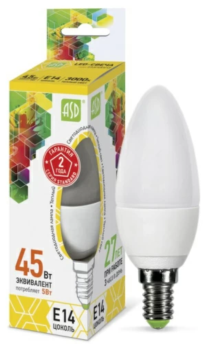 Лампа светодиодная LED-СВЕЧА-standard 5Вт 230В Е14 3000К 450Лм  ASD