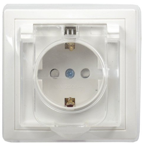 Розетка с заземлением с защитными шторками с крышкой IP44 16А кер РСбш10-3-ККБ-44 белый KVARTA GENER