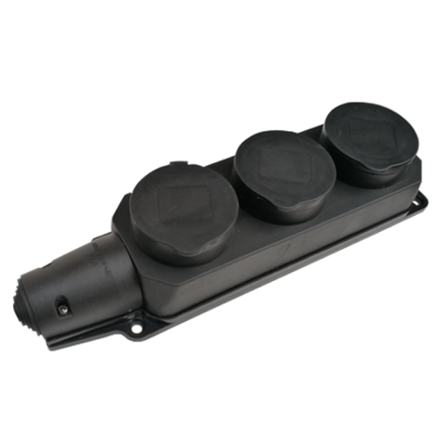 Розетка (колодка) тройная с заземлением каучук с заглушками 16А IP44 черная 9323 IN HOME 