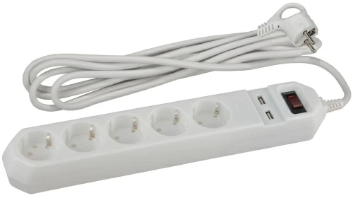 Сетевой фильтр USF-5es-1.5m-USB-W ЭРА (белый) с заземл, 3x0,75мм2, с выкл, 5гн+2USB, 1.5м