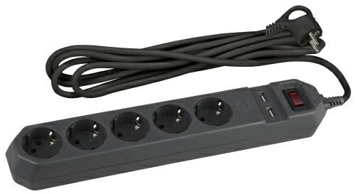 Сетевой фильтр USF-5es-1.5m-USB-B ЭРА (черный) с заземл, 3x0,75мм2, с выкл, 5гн+2USB, 1.5м