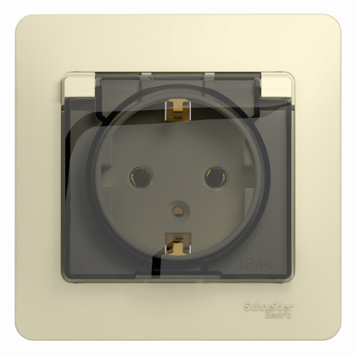 Розетка с заземлением со шторками с крышкой, 16А, IP20, в сборе, БЕЖЕВЫЙ GLOSSA