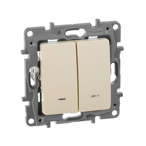 Выключатель 2-клавишный с подсветкой/индикацией схема 5L 10АХ безвинтовые зажимы слон кость ETIKA