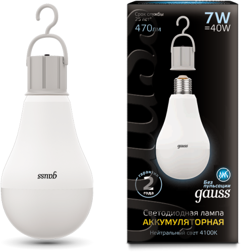 Лампа Gauss LED A60 7W E27 470lm 4100K с Li-Ion аккумулятором 1/10/60