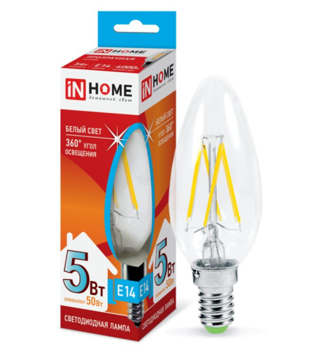 Лампа светодиодная LED-СВЕЧА-deco 5Вт 230В  Е14 4000К 450Лм прозрачная IN HOME