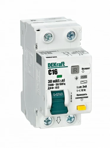 Выключатель автоматический дифференциального тока 2п (1P+N)C 16А 30мА тип AC 4.5кА ДИФ-103 DEKraft