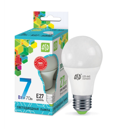 Лампа светодиодная LED-A60-standard 7Вт 230В Е27 4000К 630Лм  ASD