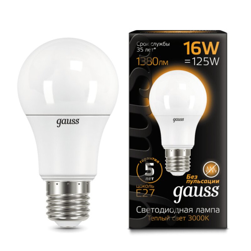 Лампа Gauss LED A60 16W E27 3000K 1/10/50