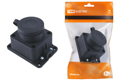 Розетка настенная с заглушкой каучук, 2Р+РЕ, 16А, 250В, IP44, черная TDM