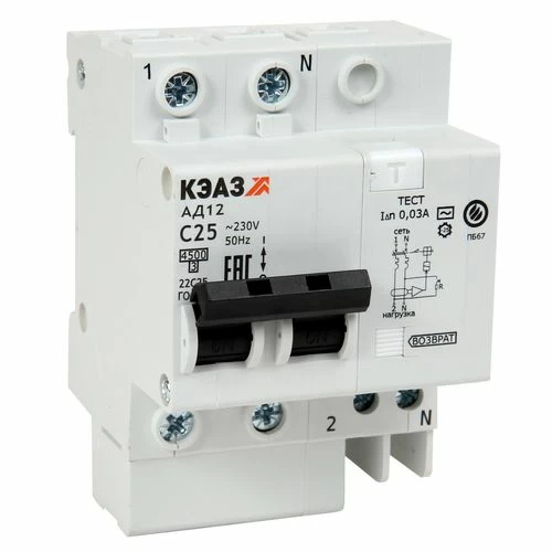 Выключатель автоматический дифференциального тока 2п C 25А 30мА тип A 4.5кА АД12-22 УХЛ4 КЭАЗ 141587