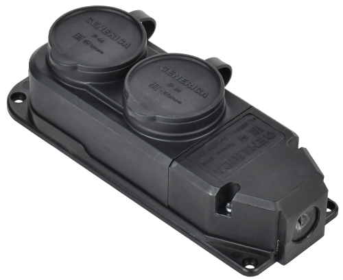 Розетка (колодка) двухместная с защитной крышкой 16А IP44 каучук черная GENERICA