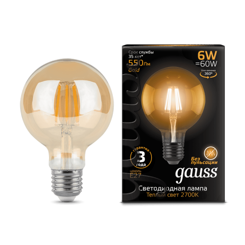 Лампа Gauss LED Filament G95 E27 6W Golden 2400K 1/20