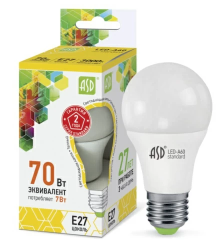 Лампа светодиодная LED-A60-standard 7Вт 230В Е27 3000К 630Лм  ASD