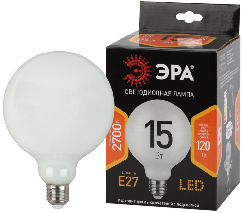 Лампа светодиодная ЭРА F-LED G125-15w-827-E27 OPAL 15Вт филамент шар матовый теплый белый свет Е27