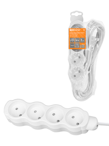 Удлинитель бытовой "Люкс" 4 гнезда, 10 м, б/з, с з/ш, ПВС 2х1,0 мм2, 10 А, 250 В, 2400 Вт TDM У-4201