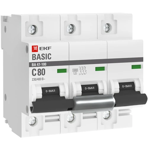 Автоматический выключатель 3P  80А (C) 10kA ВА 47-100 EKF Basic