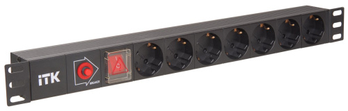 PDU 7 розеток нем. стандарт, с LED выключателем,1U, без шнура, вх. C14, алюминиевый профиль ITK