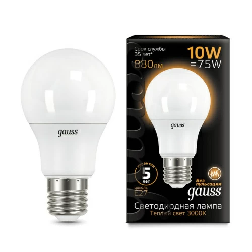 Лампа Gauss LED A60 10W E27 3000K 1/10/50