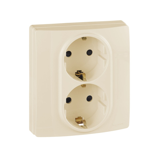Розетка 2-местная с заземлением с защитными шторками безвинтовое крепление 16А в сб слон кость ETIKA