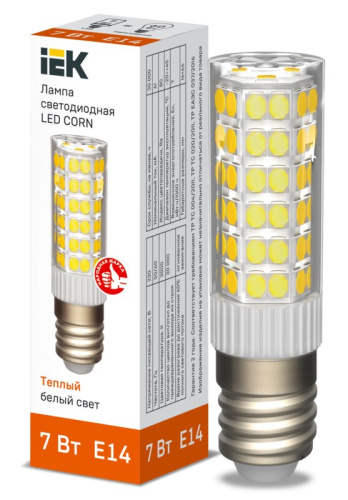 Лампа светодиодная CORN капсула 7Вт 230В 3000К керамика E14 IEK	
