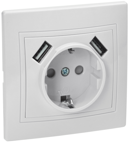 Розетка с заземлением с защитными шторками 16А USBх2 2,1А РЮш10-1-КБ белый KVARTA GENERICA