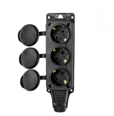 Розетка (колодка) трехместная с крышками каучук 2P+PE 230V 16A IP54 черная (DYNEL)