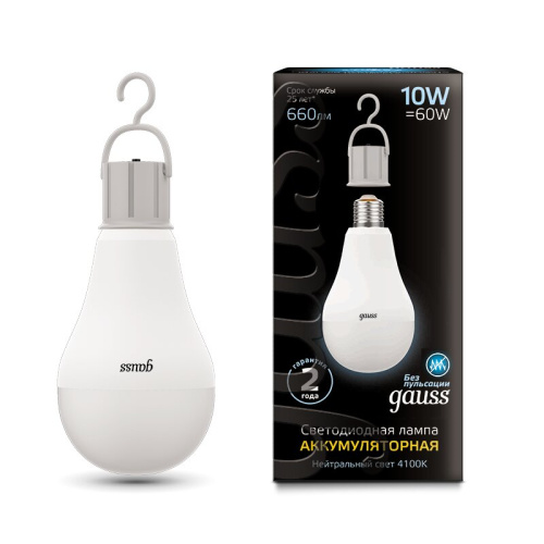 Лампа Gauss LED A60 10W E27 660lm 4100K с Li-Ion аккумулятором 1/10/60