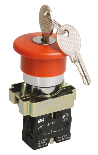 Кнопка LAY5-BS142 "Грибок"с ключом красный d22мм 240В 1р ИЭК