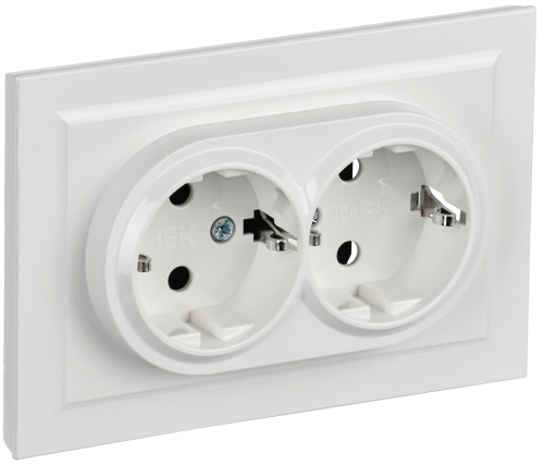 Розетка 2-местная с заземлением с защитными шторками 16А в сборе РСш12-3-БрБ белый BRITE IEK