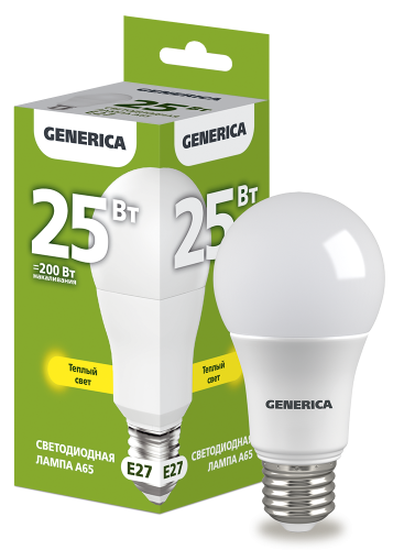 Лампа светодиодная A65 груша 25Вт 230В 3000К E27 GENERICA