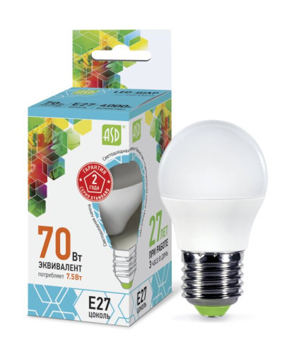 Лампа светодиодная LED-ШАР-standard 7.5Вт 230В Е27 4000К 675Лм  ASD