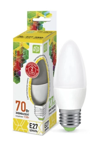 Лампа светодиодная LED-СВЕЧА-standard 7.5Вт 230В Е27 3000К 675Лм  ASD