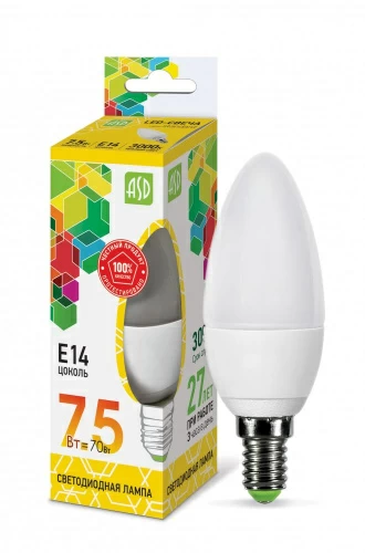 Лампа светодиодная LED-СВЕЧА-standard 7.5Вт 230В Е14 3000К 675Лм  ASD
