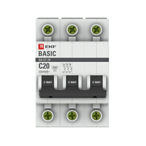 Автоматический выключатель 3P 20А (C) 4,5кА ВА 47-29 EKF Basic