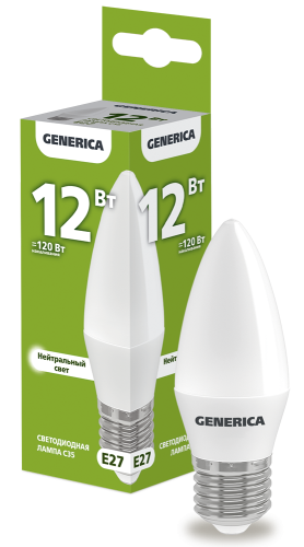 Лампа светодиодная C35 свеча 12Вт 230В 4000К E27 GENERICA