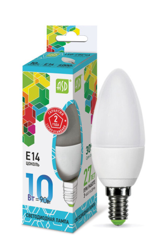 Лампа светодиодная LED-СВЕЧА-standard 10Вт 230В Е14 4000К 900Лм  ASD