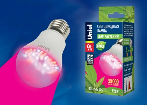 Лампа светодиодная LED-A60-9W/SP/E27/CL для растений. Фито Форма "А", прозрачная колба.