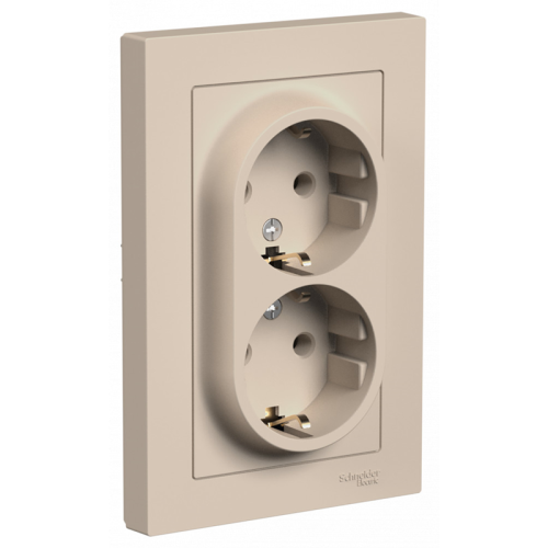 Розетка двойная с заземлением, 16А, в сборе, ПЕСОЧНЫЙ, ATLASDESIGN