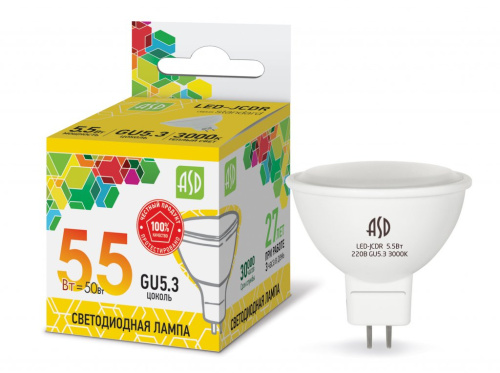 Лампа светодиодная LED-JCDR-standard 5.5Вт 230В GU5.3 3000К 495Лм  ASD