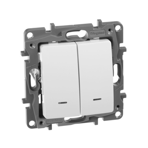 Переключатель 2-клавишный с подсветкой/индикацией схема 6/2L 10АХ безвинтовые зажимы белый ETIKA