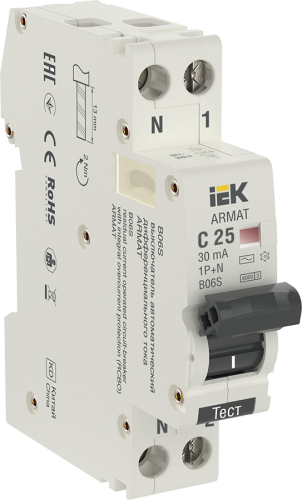ARMAT Автоматический выключатель дифференциального тока B06S 1P+NP C25 30мА тип AC (18мм) IEK