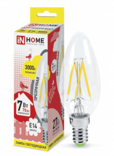 Лампа светодиодная LED-СВЕЧА-deco 7Вт 230В  Е14 3000К 630Лм прозрачная IN HOME