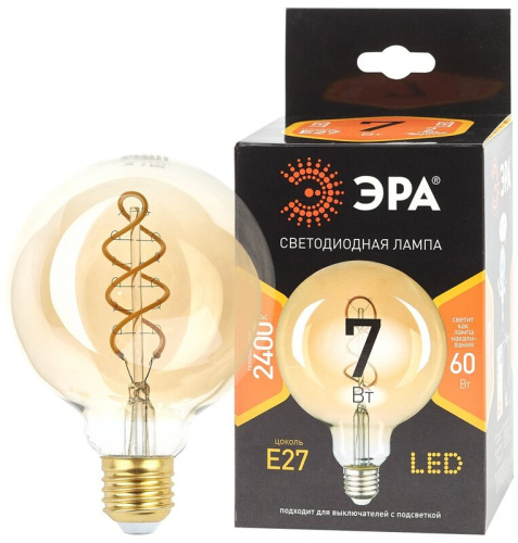 Лампа светодиодная ЭРА F-LED G95-7W-824-E27 spiral 7Вт филамент шар золотистый теплый белый свет Е27