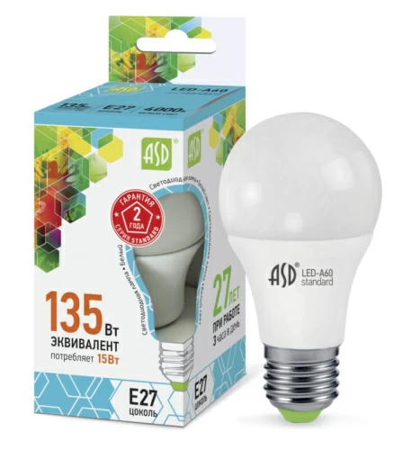 Лампа светодиодная LED-A60-standard 15Вт 230В Е27 4000К 1350Лм  ASD