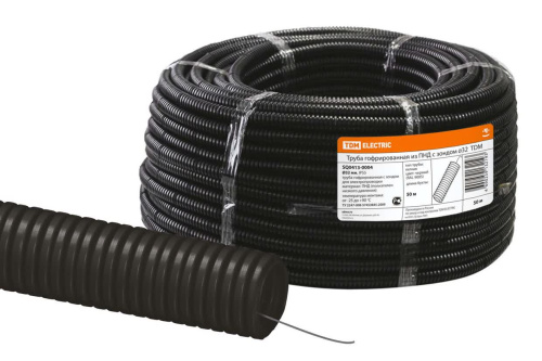Труба гофрированная ПНД безгалогенная (HF) d 32 с зондом (50 м) легкая 350H черная TDM