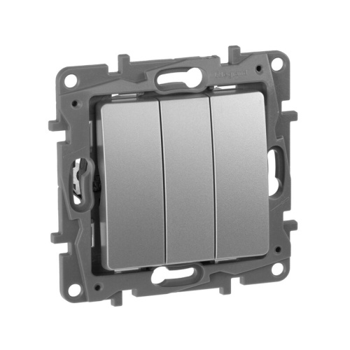 Выключатель 3-клавишный 10А, авт. клем Алюминий Legrand Etika 